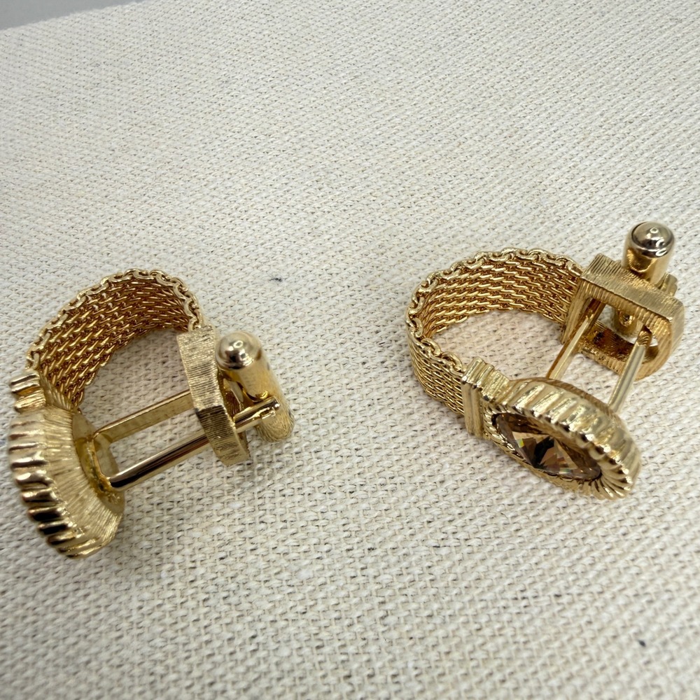 Vintage Swank Mesh Wrap Cufflinks Amber Crystal Rivoli Stone MCM Gold Tone - Picture 5 of 10